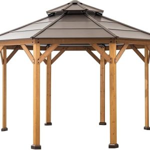 Sunjoy Nebraska Collection 13 Ft. x 13 Ft. Gazebo octogonal encadré de Cèdre avec toit rigide en acier à 2 niveaux Sunjoy Brown Other