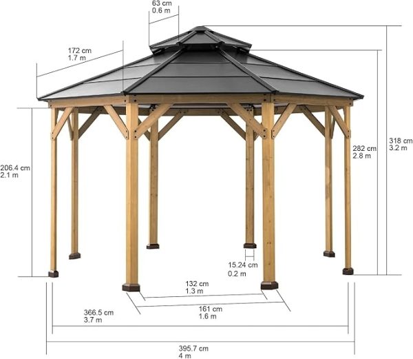 Sunjoy Nebraska Collection 13 Ft. x 13 Ft. Gazebo octogonal encadré de Cèdre avec toit rigide en acier à 2 niveaux Sunjoy Brown Other – Bild 3