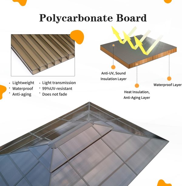 Gazebo extérieur à toit rigide en polycarbonate de 10 x 13 pi, gazebo extérieur robuste à double toit avec filet et rideaux pare-soleil, gazebo à cadre en aluminium pour - Imagen 4