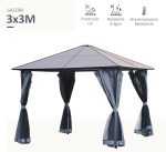 Outsunny Cenador de Jardín 3x3 m con Marco de Aluminio Pabellón de Exterior con Techo de Policarbonato 4 Cortinas Laterales y 4 Mosquiteras con Cremalleras Gazebo para Fiestas Eventos Multicolor - Image 3